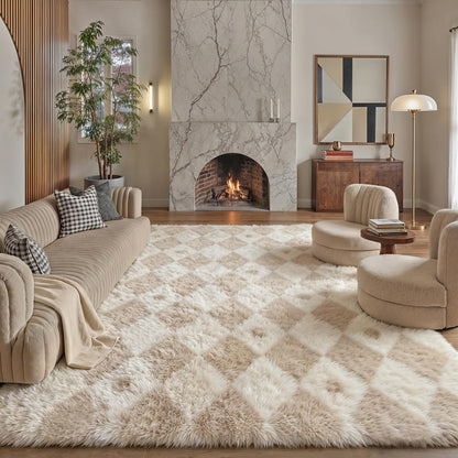 PureCozy Checkered Rug 8x10 Fluffy Shag Living Room Beige Area Rug Modern Washable Carpet Soft Shaggy Non Slip Indoor Plush Fuzzy Rugs for Bedroom Dorm Office Home Aesthetic Decor