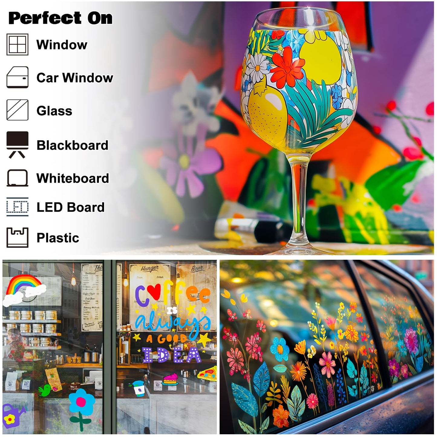 FansArriche Liquid Chalk Markers, 15mm Jumbo Car Window Markers, 8 Pack Erasable Neon Chalk Pens for Chalkboard, Blackboard, Glass, Signs, 3-in-1 Nib
