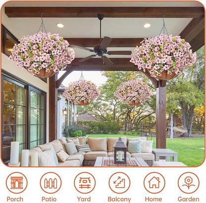 Artificial Hanging Faux Flowers Basket, Fake Silk Daisy Eucalyptus Plants Arrangement,for Spring Summer Outdoor Decoration,UV Resistant, Coconut Planter,Look Real for Home Garden Décor (Pink)