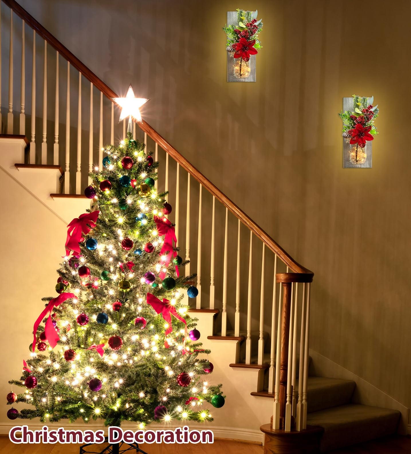 Mason Jars Sconce Decor Rustic Wall Sconces Handmade Wall Art Hanging Design with Remote Control LED Fairy Lights and Red Berry, Xmas Farmhouse Wall Home Decor Living Room Lights Set of Two