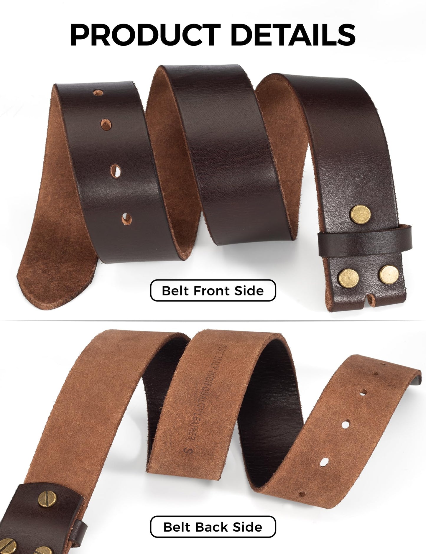 TYWestyles No Buckle Full Grain Leather Belt Men Women Fits With 1.5 Inch Buckle (Dark Brown, M（Fit Waist 31-33)