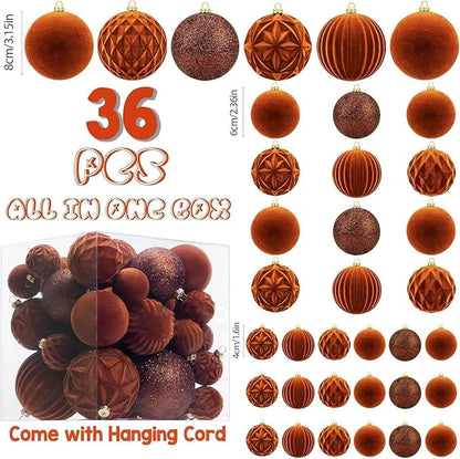 36Pcs Shatterproof Velvet Brown Christmas Ball Ornaments Set - 5 Styles in 3 Sizes (Small Medium Large) for Xmas Tree Decor, 2025 Festive Holiday Christmas Tree Decorations