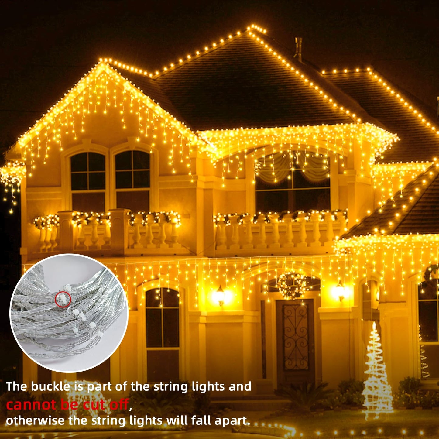 BYIZO Christmas Outdoor Icicle Lights - 200 LED 21+16 FT 8 Modes Curtain Fairy String Light Plug in, Waterproof for Eaves Yard Holiday Xmas Holiday Indoor Outdoor Decoration - Warm White