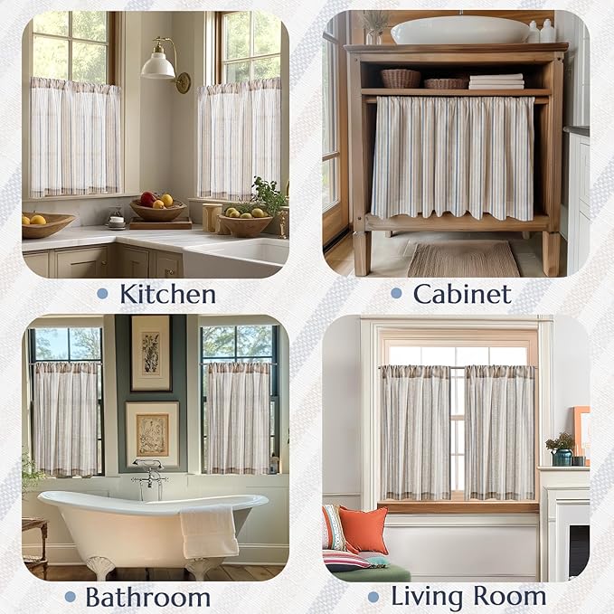 jinchan Colorful Striped Linen Kitchen Curtains 24 Inch Christmas Tier Curtains Farmhouse Modern Cafe Small Window Treatments Light Filtering Rod Pocket for Living Room Bathroom 2 Panels Multi Blue
