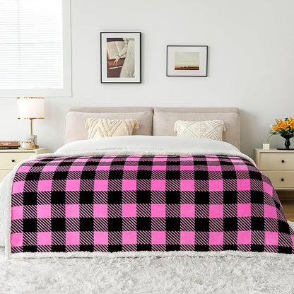 Touchat Sherpa Plaid Twin Blanket 60" X 70", Fuzzy Fluffy Soft Cozy Throw Blanket, Twin Size Plush Fleece Flannel Plush Microfiber Blanket for Couch Bed Sofa (Rosepink)