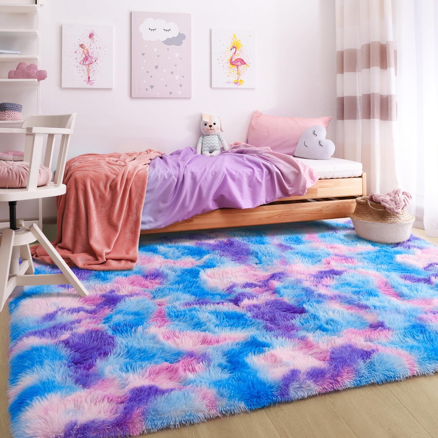 Foxmas Large Area Rugs for Living Room Bedroom 6x9 Feet, Fluffy Kids Room Plush Shaggy Nursery Rug Furry Throw Carpets for Boys Girls, College Dorm Fuzzy Rugs Home Decorate Rug, Rainbow Blue