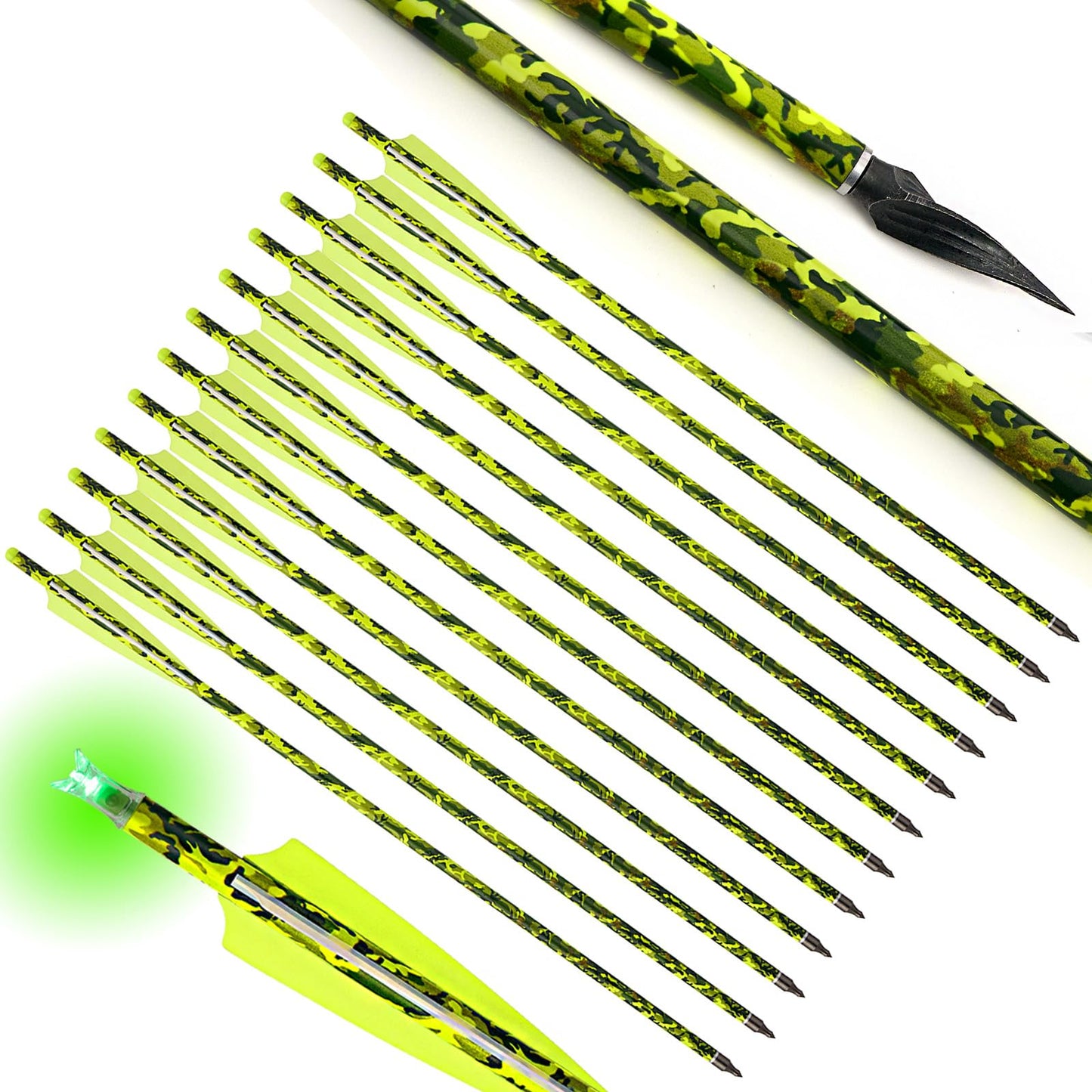 20 inch crossbow bolt Carbon Crossbow Arrow 12 Pcs With 6 Green Lighted Nock and 6 Willow Leaf Arrow Points, Hunting and Outdoor Practice lighted nocks for arrows nockturnal lighted nocks-Camouflage