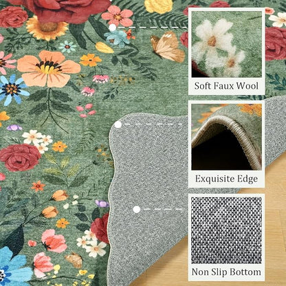Kitchen Rug Runners for Hallways: 2'6''x8' Washable Runner Rugs for Kitchen Ultra Thin Stain Resistant Non Slip Low Pile Lightweight Vintage Floral Carpet for Laundry Room Decor (Green)