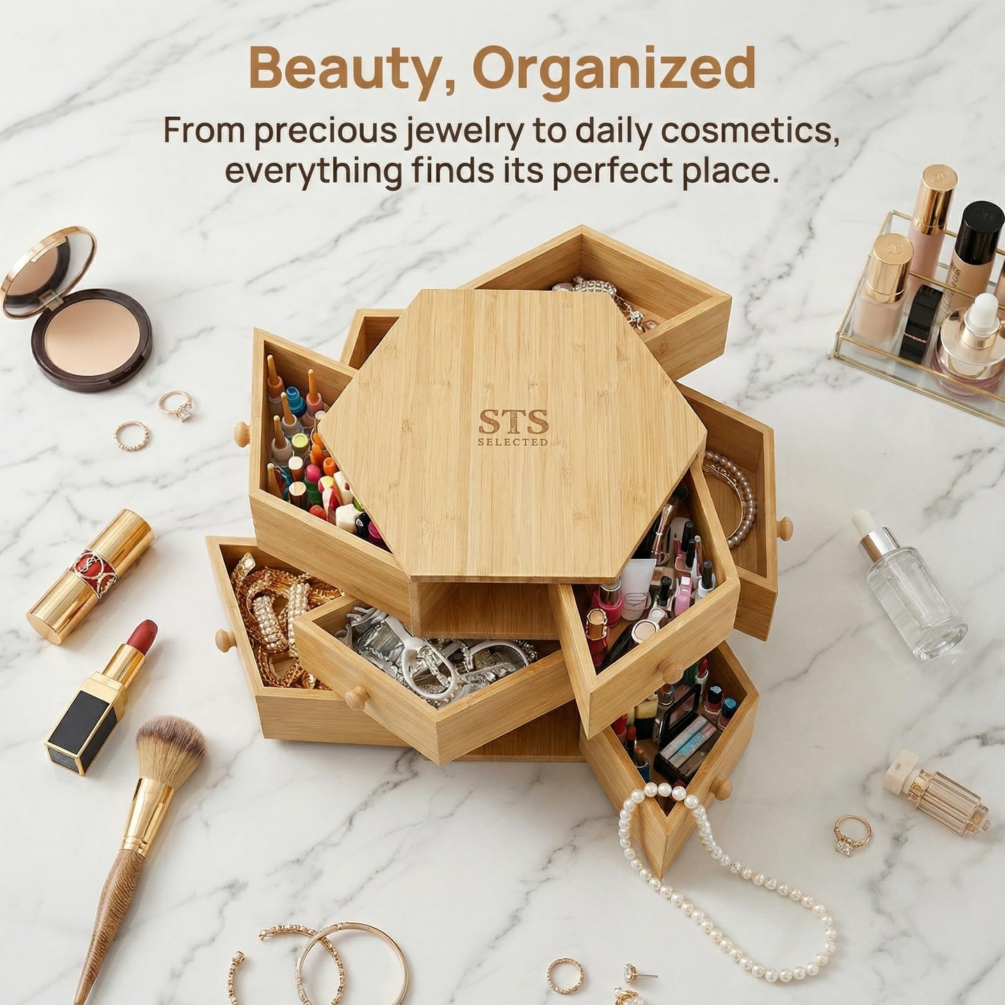 360° Rotatable Bamboo Desktop Organizer, Large Capacity Cosmetic & Jewelry Storage for Makeup Serum, Diamond, Easy Setup No Assembly (9)
