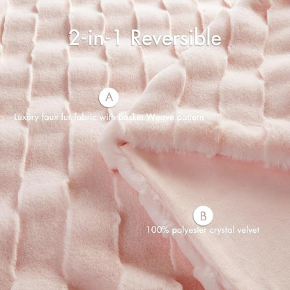 Madison Park Luxuriously Cozy Soft Long Faux Fur Basketweave Blanket, Reversible Soft & Snuggly Velvet Throw, Lightweight, Breathable, All Season, Trendy Room Décor, 50x60, Pink