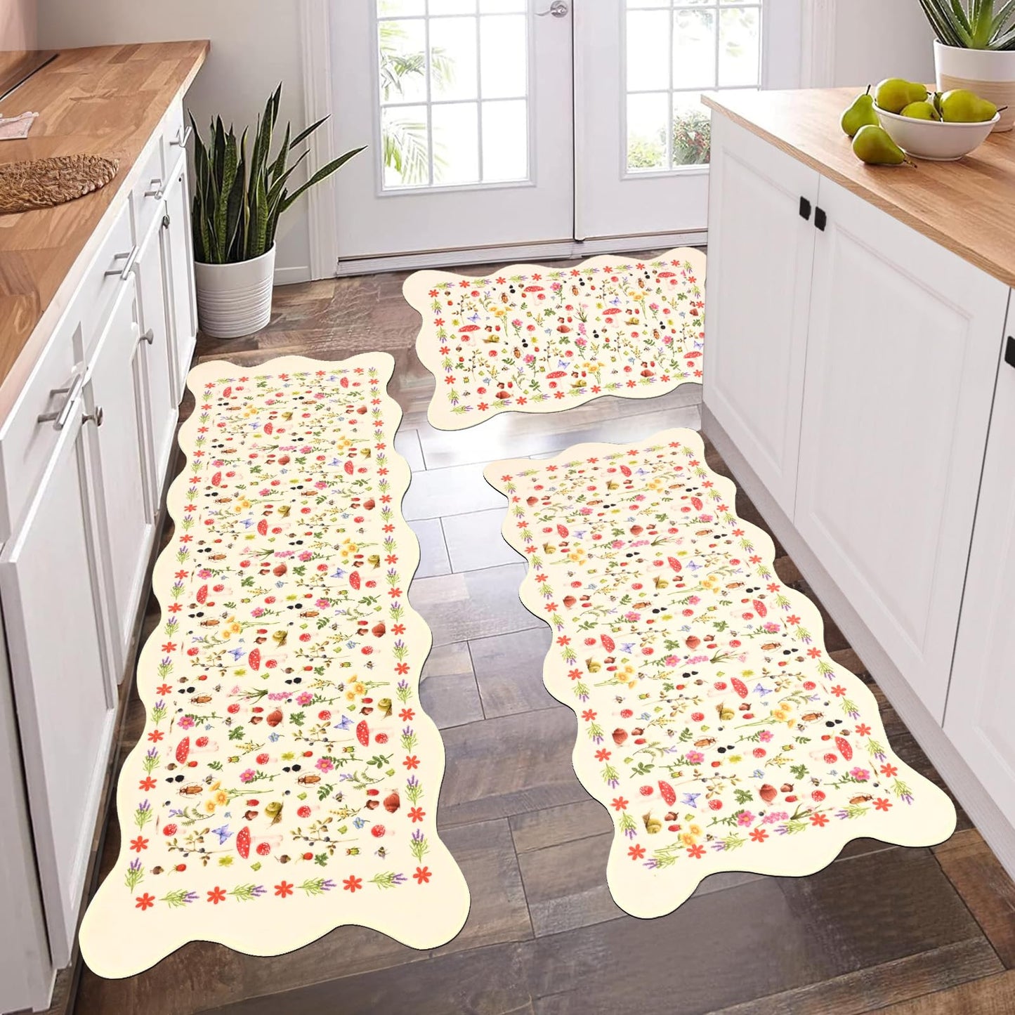 PCSWEET HOME Mushroom Kitchen Rug Set of 3 Scalloped Butterfly Flower Kitchen Rugs and Mats Non-Slip Washable Comfort Standing Mat for Laundry Room, Bar, Office 20 "x32+20 "x47+20 "x59