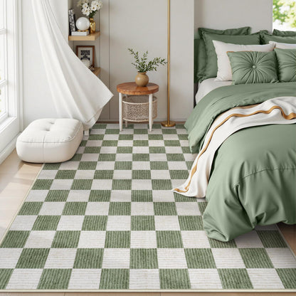 Machine Washable 5x7 Area Rugs for Living Room Checkered, Non Slip Soft Low Pile Farmhouse Geometric Modern Neutral Playroom Boys Rugs for Bedroom, Large Carpet Rugs for Dining Room(Sage Green,5'x7')