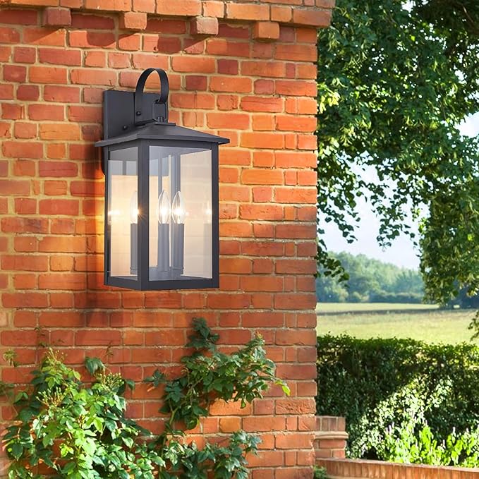3-Light 9 inches Wide 20.5 inches High Large Wall Lantern Light with Textured Black Finish and Clear Glass New Traditional Outdoor Wall Lights for a Porch, Patio, Garage, Barn, Foyer