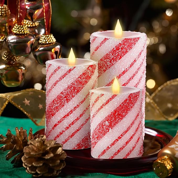 Baquler 3 Pcs Christmas Flameless Pillar Candles LED Candy Cane Peppermint Stripe Red and White Glitter Battery Operated Candles for Xmas Holiday Centerpiece Home Party Decor