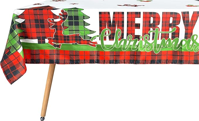 pinkblume 4.3x9Ft Christmas Tablecloth Rectangle Buffalo Plaid Xmas Tree Red Truck Joy Merry Christmas Sign Reindeer Snowflake Holly Berry Dining Table Cover for Holiday New Year Kitchen Decorations