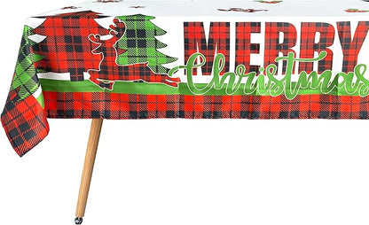 pinkblume 4.3x9Ft Christmas Tablecloth Rectangle Buffalo Plaid Xmas Tree Red Truck Joy Merry Christmas Sign Reindeer Snowflake Holly Berry Dining Table Cover for Holiday New Year Kitchen Decorations
