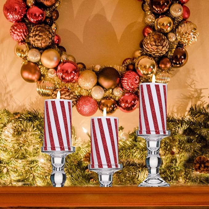 Baquler 3 Pcs Christmas Flameless Candles Candy Cane LED Pillar Candle with Glitter Stripe Red and White Battery Operated Candlestick for Xmas Party Holiday Centerpiece Home Decoration