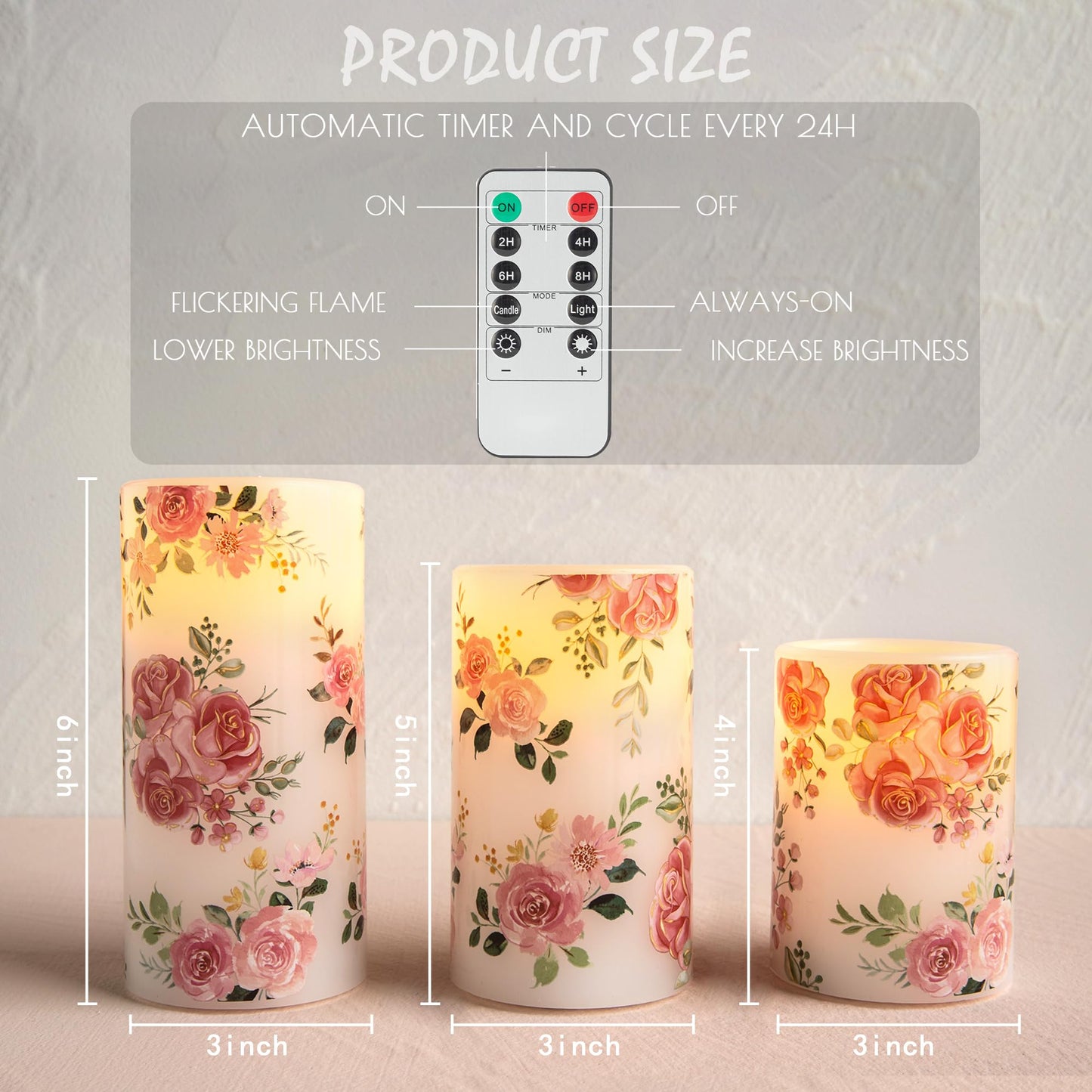 LUSHARBOR Flameless Candles with Remote, Battery Operated Candles Real Wax Pink Rose Flickering LED Candles Floral Christmas Decor Electric Pillar Candles Set of 3