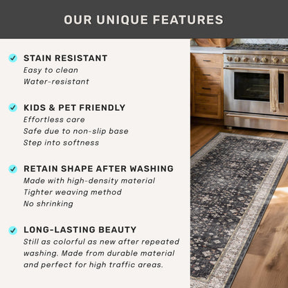 Black Farmhouse Washable 8x10 Area Rugs for Living Room, Bedroom, Dining Room Kitchen Table Rug for Under Table, Office, Dark Charcoal Tumble Stain Resistant Non-Slip Large Washable (8x10 Black/Multi)