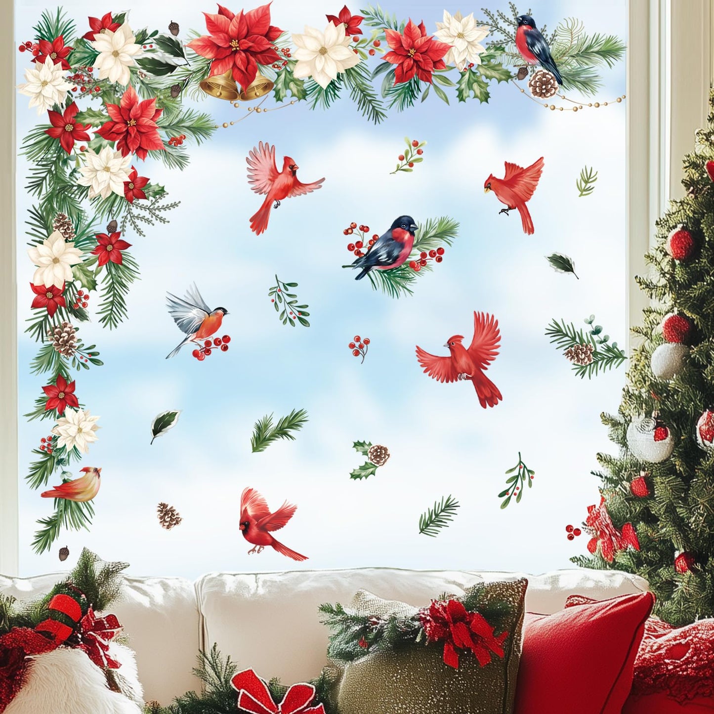 wondever Christmas Flower Cardinal Wall Stickers Christmas Leaves and Floral Red Bird Christmas Window Wall Art Decals for Party Window Xmas Home Party