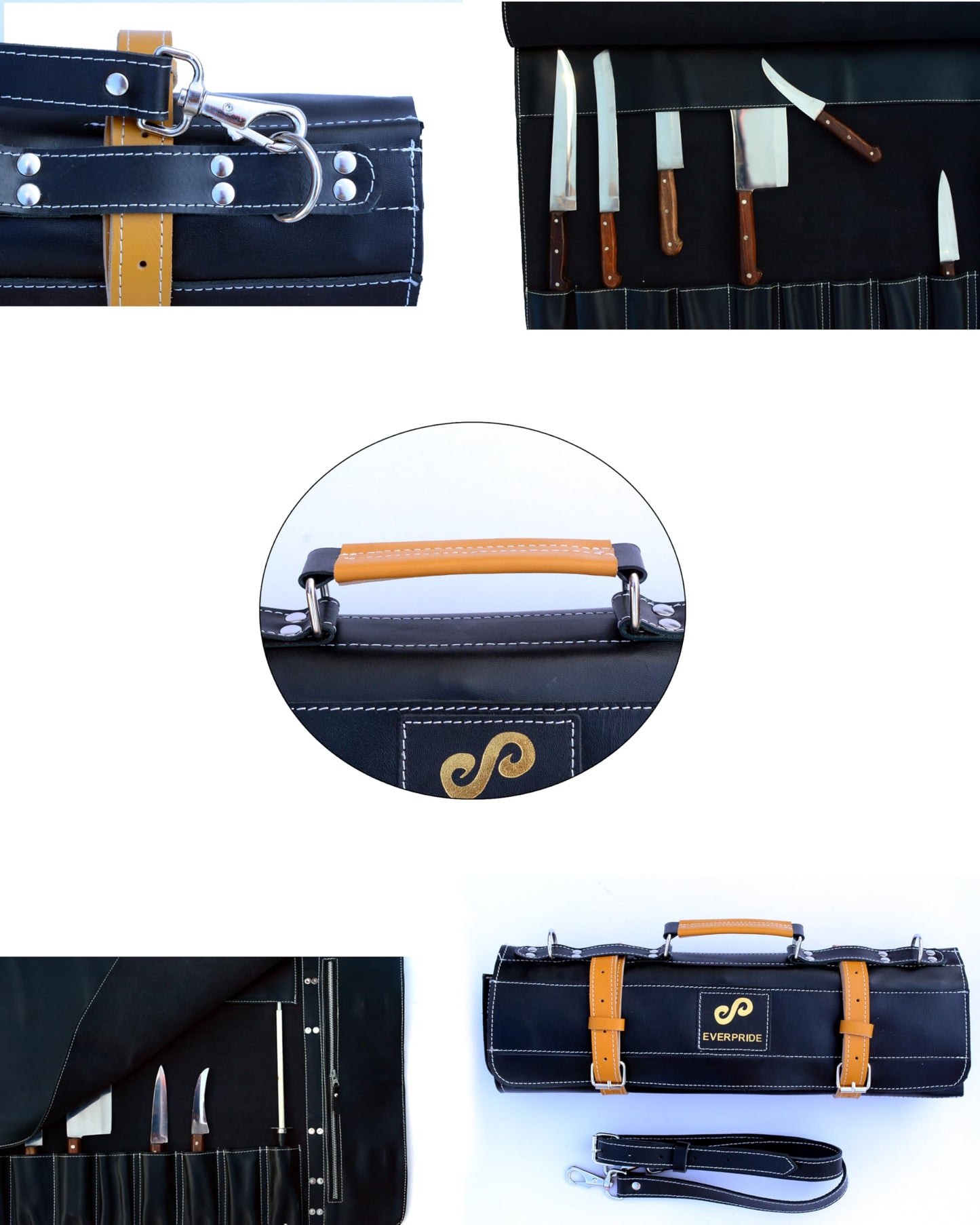 EVERPRIDE Premium Black Leather with Stunning Tawny Wheat Trim, Professional Chef Knife Roll and Bag for Knives, Sturdy Construction Chef Bag, Easy Carry Luxury Knife Case