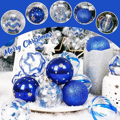 SY Super Bang 30PCS Blue Christmas Ornaments Set, 60MM/2.36" Clear Plastic Shatterproof Ball Ornaments for Christmas Tree Hanging Decorations, for Home Holiday Party Xmas Decor.