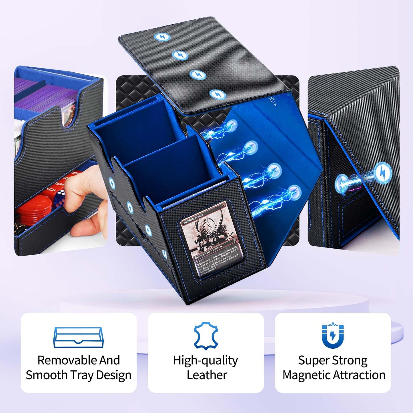 UAONO MTG Commander Deck Box, 3-in-1 Magnetic Card Box with 2 Top Loaders Display & 1 Dice Tray, Fits 200 Double Sleeved, Card Organizer Compatible with Magic the Gathering(Blue Yellow)