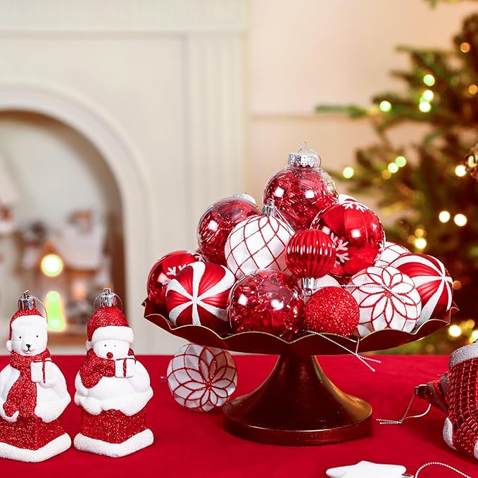 Alupssuc 112pcs Christmas Balls Ornaments Set, Shatterproof Plastic Baubles Christmas Penguin, Polar Bear for Xmas Tree Holiday Wedding Party Decorations with Hanging Strings, Red and White