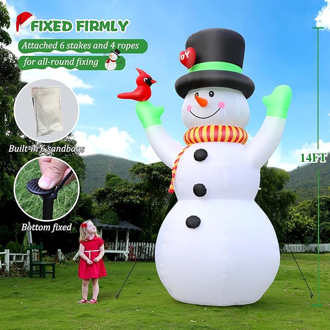 FunFanso 14 FT Christmas Inflatable Snowman with Bird, Blow Up Outdoor Decorations Built-in Bright LED Light, Giant Blow Up Snowman Wear Magic Hat Garden Yard Patio Holiday Mall Display Hall Decor