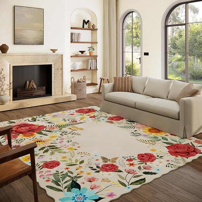 Washable Rugs for Living Room: 8x10 Area Rugs for Bedroom Soft Ultra Thin Stain Resistant Non Slip Low Pile Lightweight Vintage Floral Carpet for Dining Room Decor (Beige)