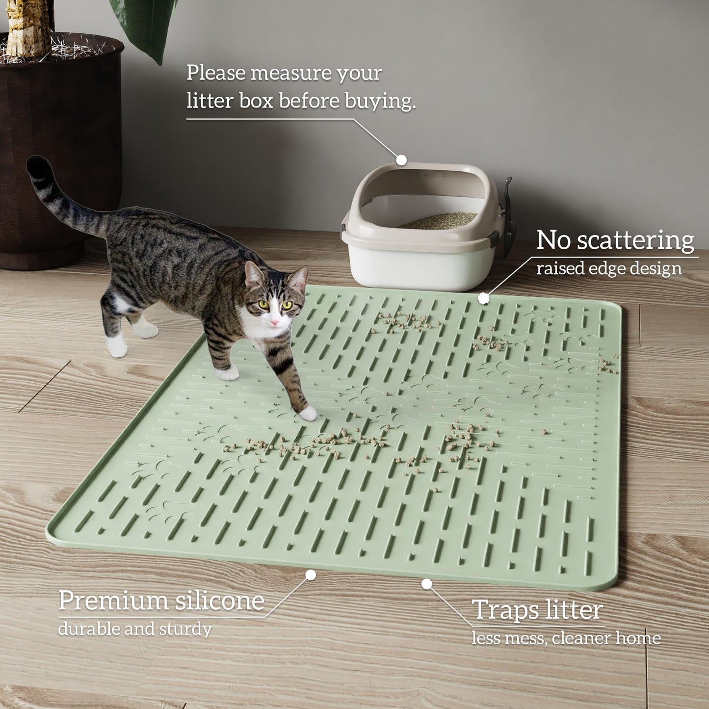 OHMO Cat Litter Mat Large Trapping Mat Premium Silicone Rubber 23.5x16 Sage Green, Waterproof and BPA Free Kitty Litter Box Mat, Easy to Clean and Keeps the Floor Tidy