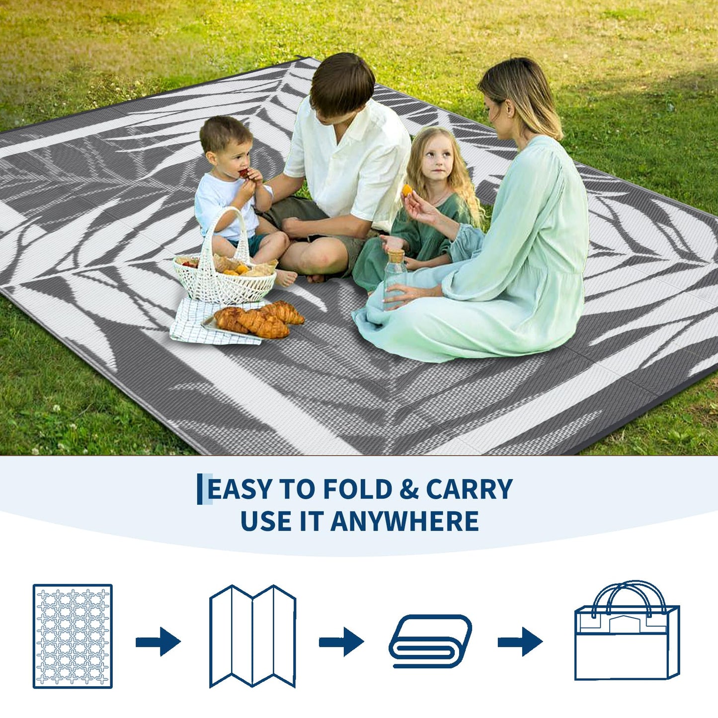 GAOMON 8'x10' Outdoor Rug Waterproof, Reversible Plastic Straw Rug for Balcony, Small Patio, Porch, RV & Camping – UV Resistant, Easy Clean, Pet Friendly Outdoor Mat for Compact Spaces, Grey&White