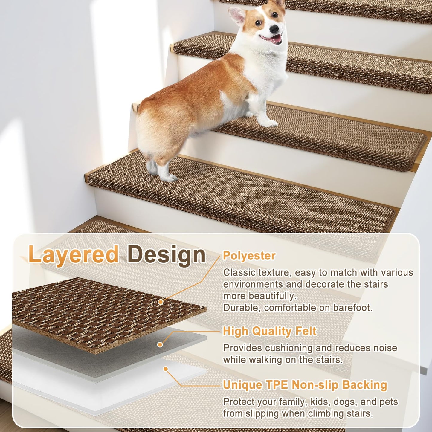 SMILOOL Bullnose Carpet Stair Treads Non Slip for Wooden Steps Indoor, 9.5" x 35" 14 Pieces, Extra Wide Bull Nose Carpet Runners for Wood Stairs, Step Covers, Stair Tread Rugs, Washable, Brown