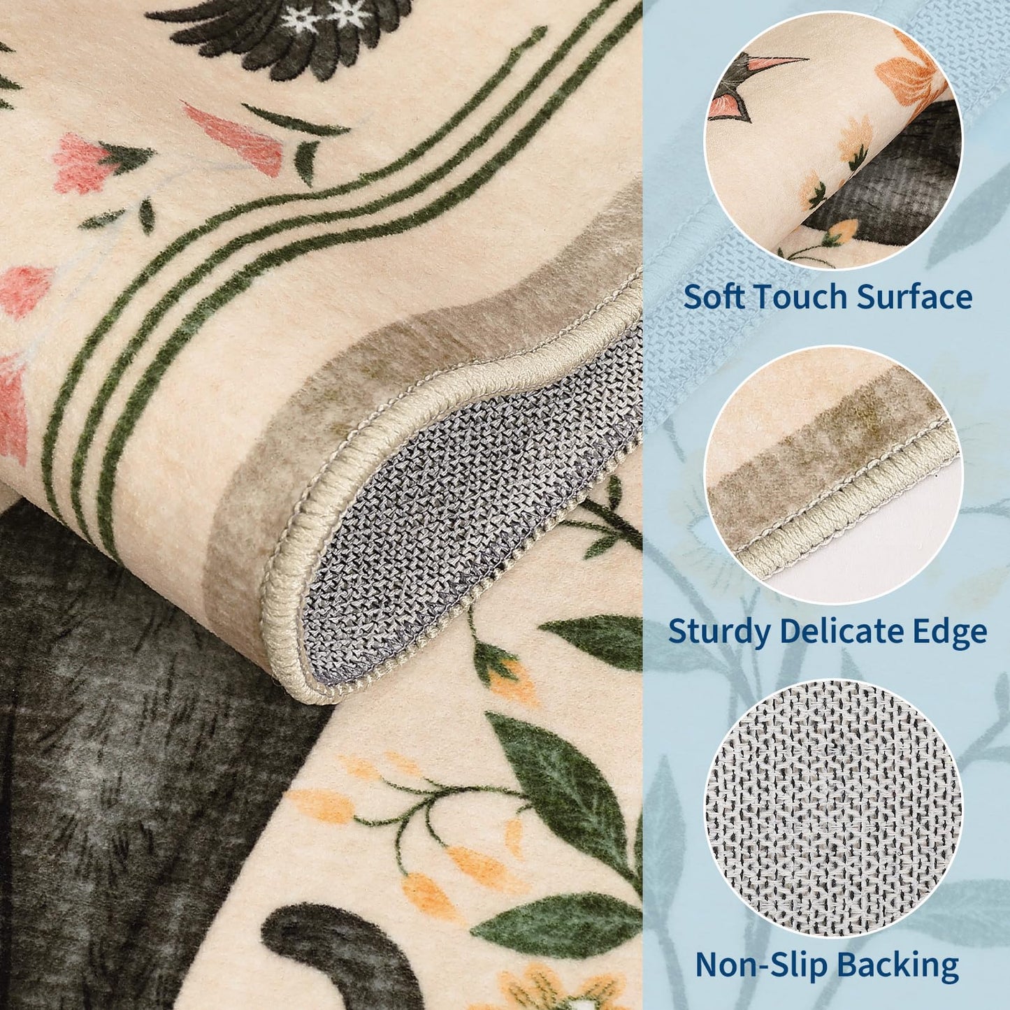 GarveeHome Round Area Rugs 5ft for Bedroom, Cat Beige Washable Circle Rug Soft Non Slip Mushroom Floral Floor Mat Carpet Indoor Thin Rug for Bedroom Dining Room Playroom Nursery Gothic Decor