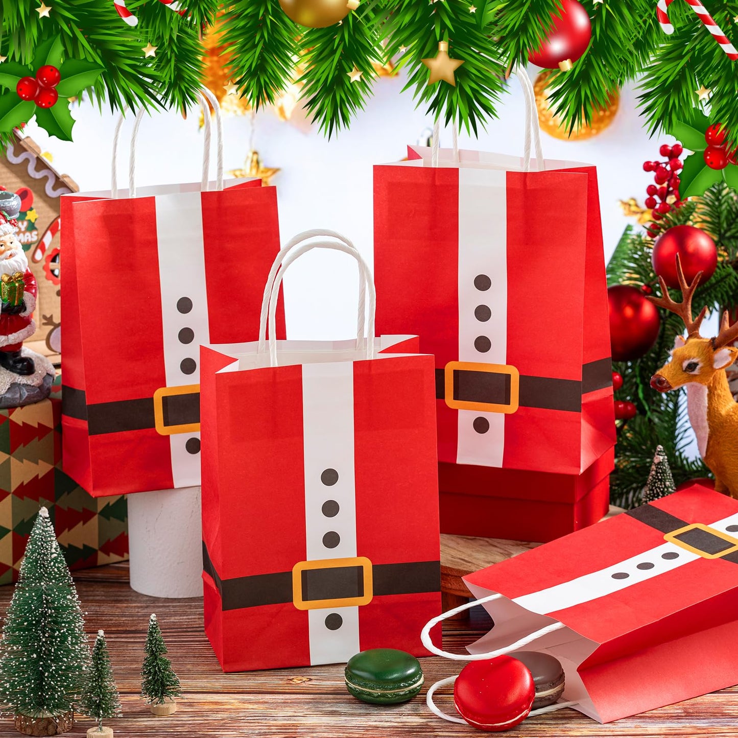 Geyoga 24 Pcs Large Christmas Paper Gift Bags Bulk Santa Claus Suit Print Bags with Handle Xmas Santa Goodie Treat Party Favor Pouches for Candy Gift Wrapping Party Supplies, 8.27 x 5.91 x 3.15 in