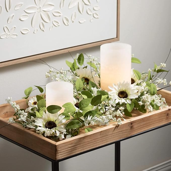 Sullivans Greenery Garland, Sunflower & Wispy Berry Spring Garland for Indoor, 66" White Flower Faux Life-Like Flower Garlands for Mantle Decor, Living Room, Home, & Office Fireplace Decorations