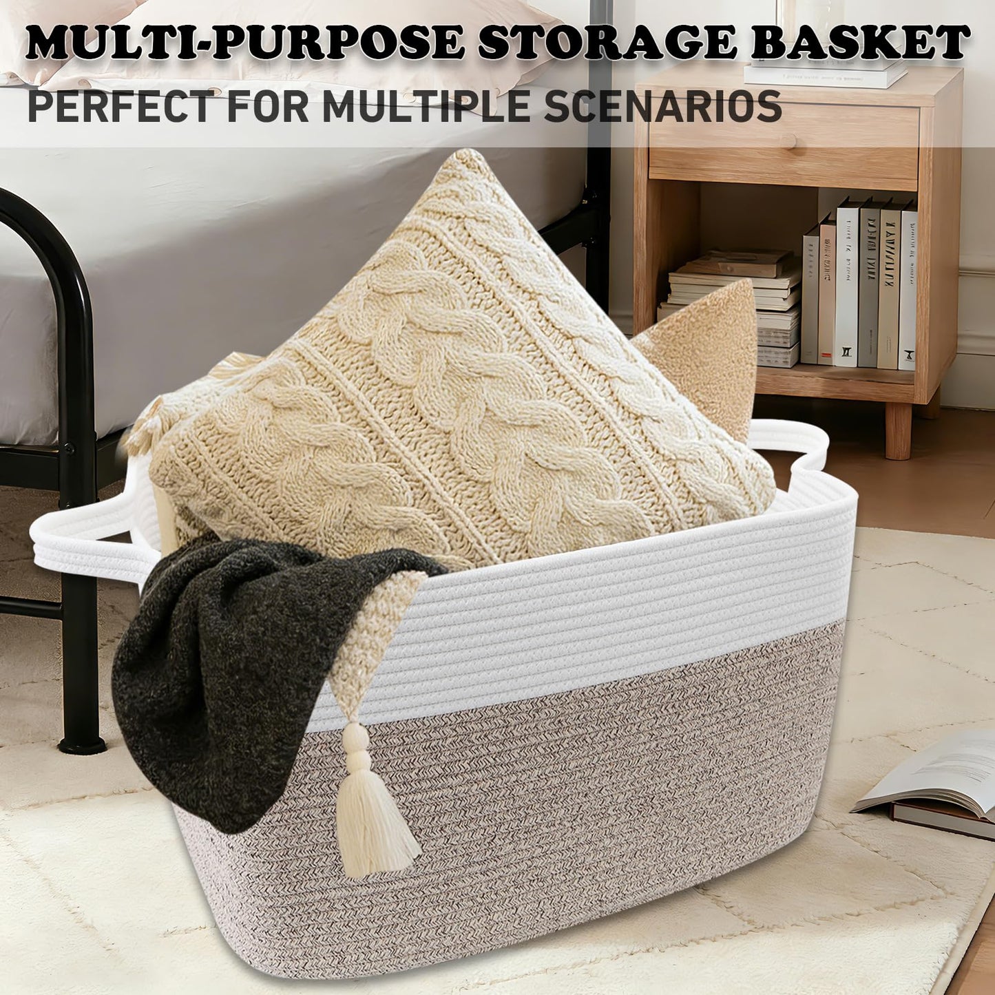 HZFTJOY Large Blanket Basket,Woven Rope Basket Storage Bin with Handles,65L Rectangle Laundry Basket for Magazines,Toys,Clothes,Newspaper Shelf Organization,Nursery and Living Room,White & Brown