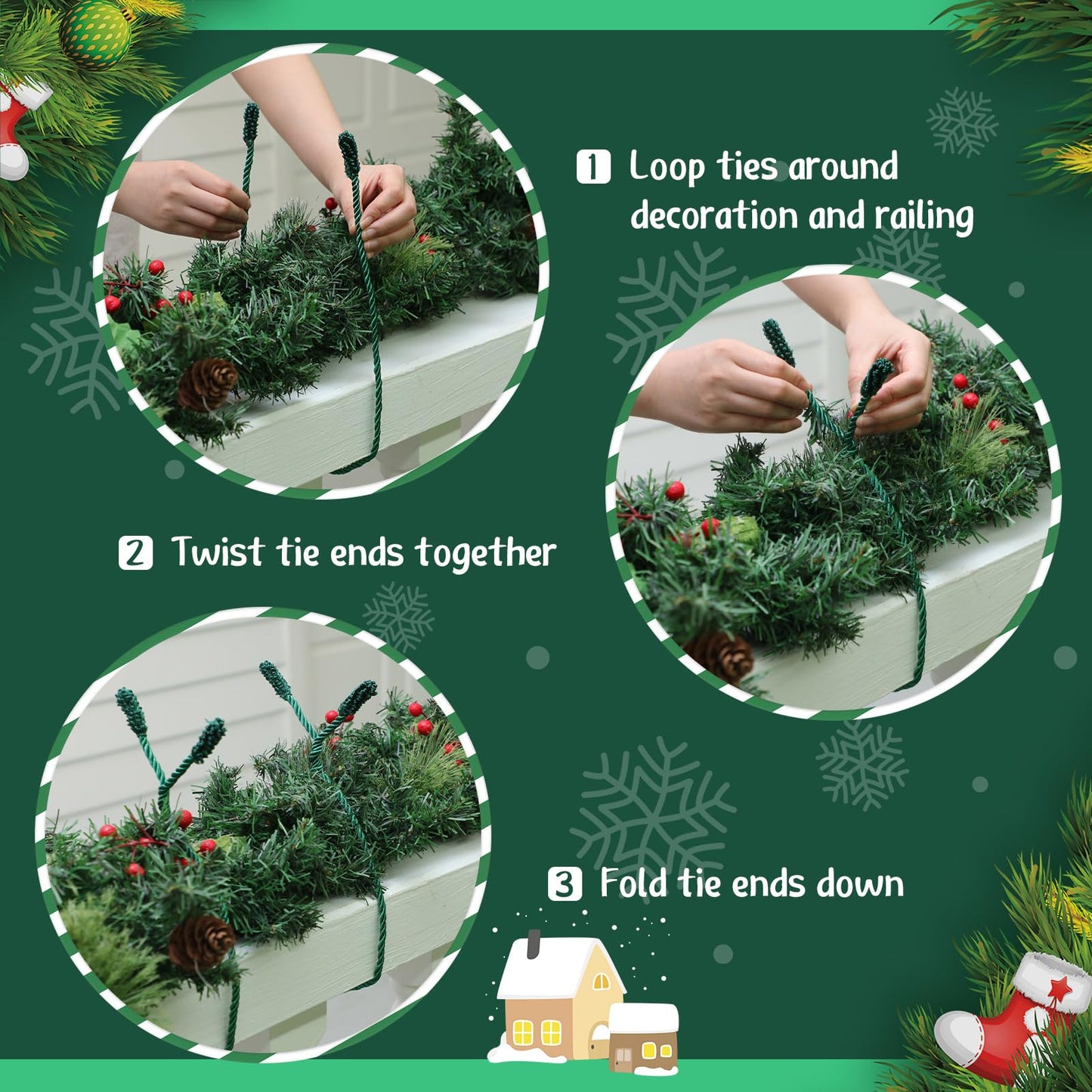 Zhengmy 24 Pcs Christmas Garland Ties Extra Long 30'' 25'' 20'' Green Decorative Twist Tie for Banister Reusable Flexible Twist Tie for Garland Stairway Railing Home Xmas Holiday Decor
