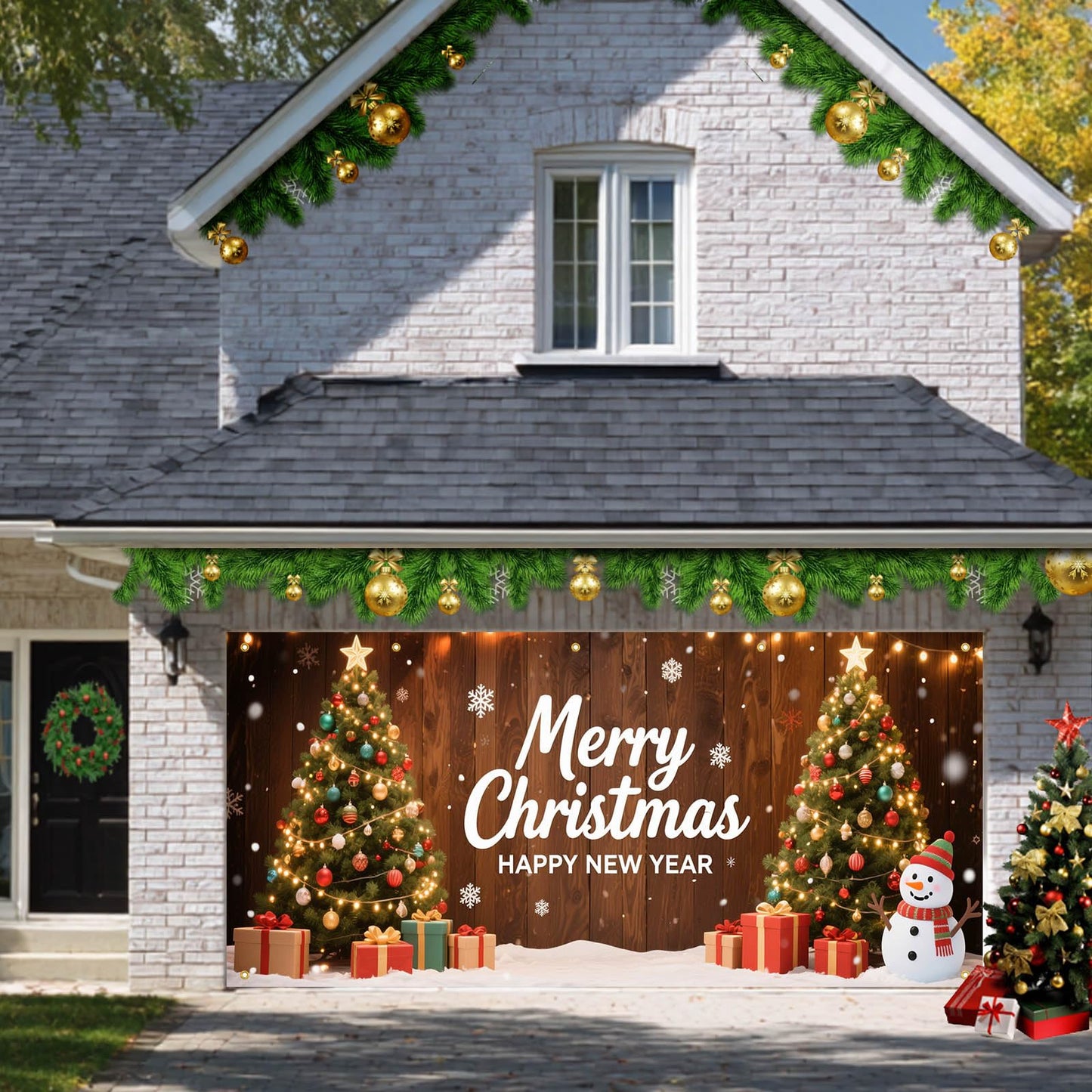 HOMETITUTE Christmas Garage Door Banner 13x6ft Merry Christmas Happy New Year Green Trees Snowman Gift Boxes Holiday Outdoor Indoor Decor Seasonal Party Backdrop
