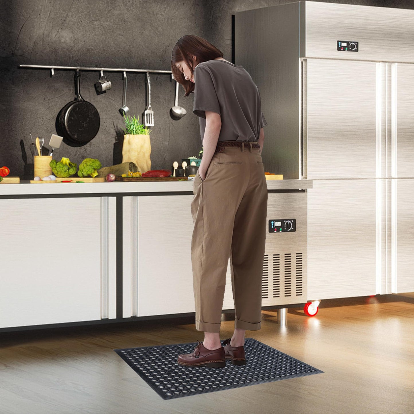 OrangeStar Anti-Fatigue 4-Pack Rubber Floor Mat, 24”x36” Restaurant Kitchen Commercial Drainage Mats, Non-Slip Door Mat w/Holes for Indoor Outdoor Bar Pool, Black