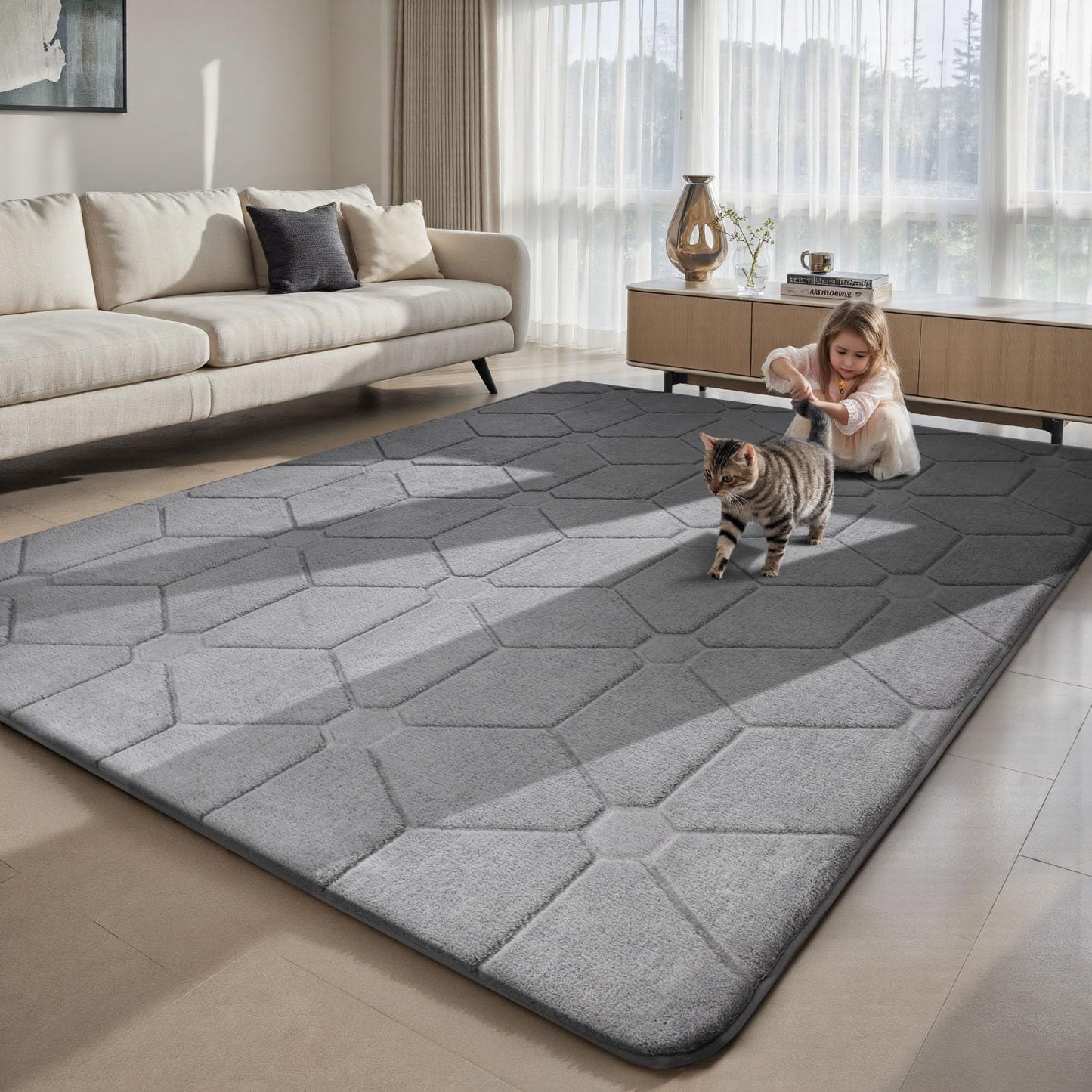Sour Lemon Area Rugs 9x12 Living Room, Soft Large Area Rug Fluffy Grey Rugs for Bedroom，Machine Washable Area Rug Non Slip Carpet Rug for Living Room Playroom Kids Room Home Decor
