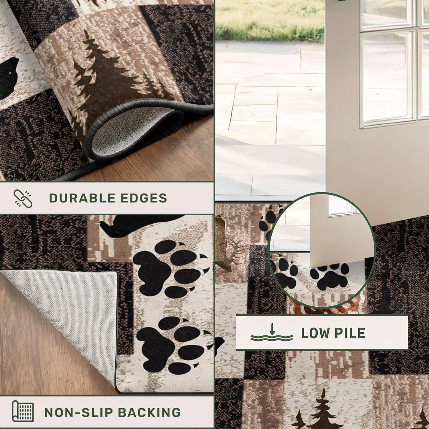 Puyosvr Rustic Lodge Runner Rug,2x7ft,Western Country Bear Elk Deer Wildlife Log Design,Forest Landscape Hunting Theme Rug,with Non Slip Backing Washable Rugs, Non Slip Pet Friendly Rug for Hallway