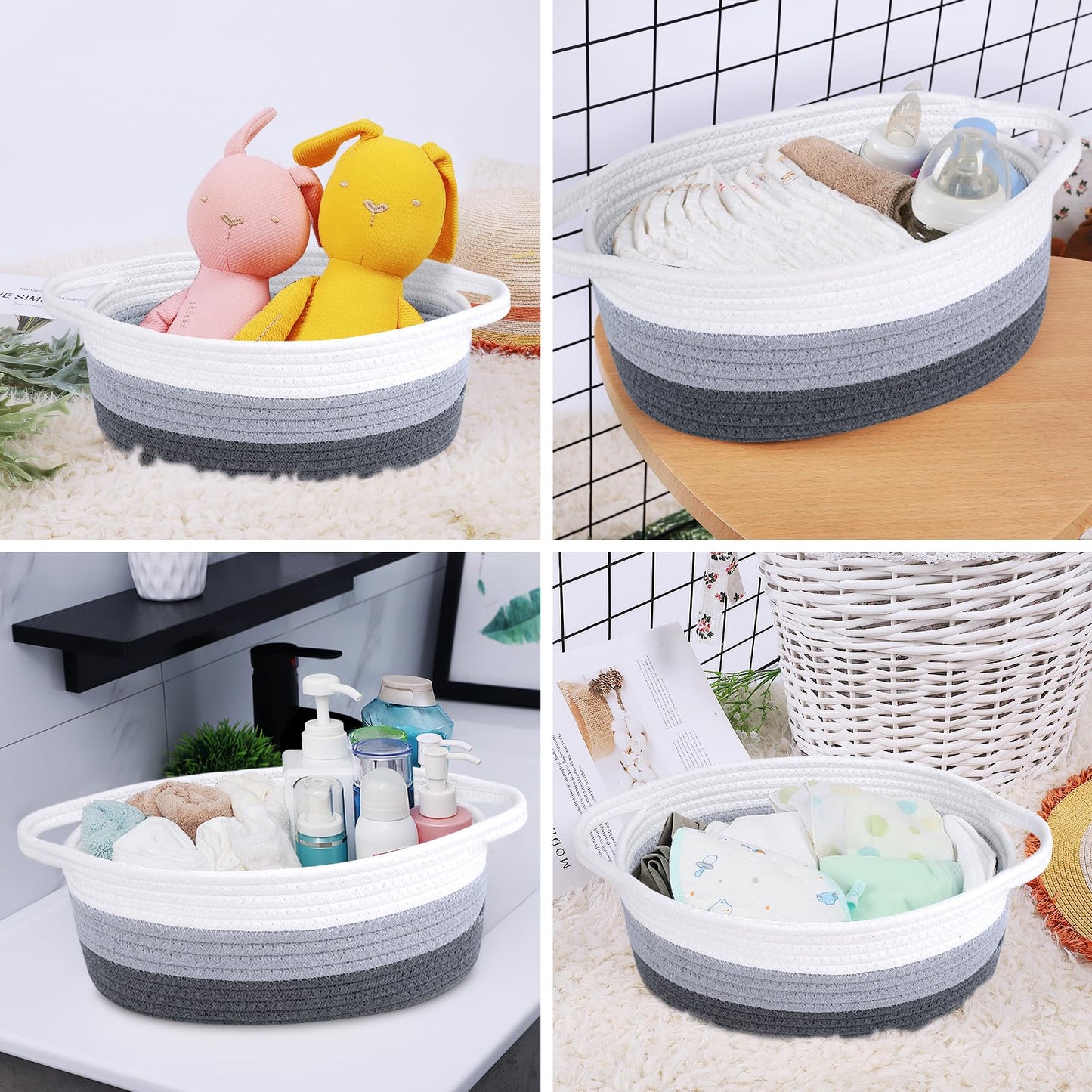 ABenkle Small Basket with Handles, Boho Decorative Rope Woven Dog Cat Toy Storage Bin Shelf Storage Organizer, Easter Christmas Gift Basket, 12"x8"x5"