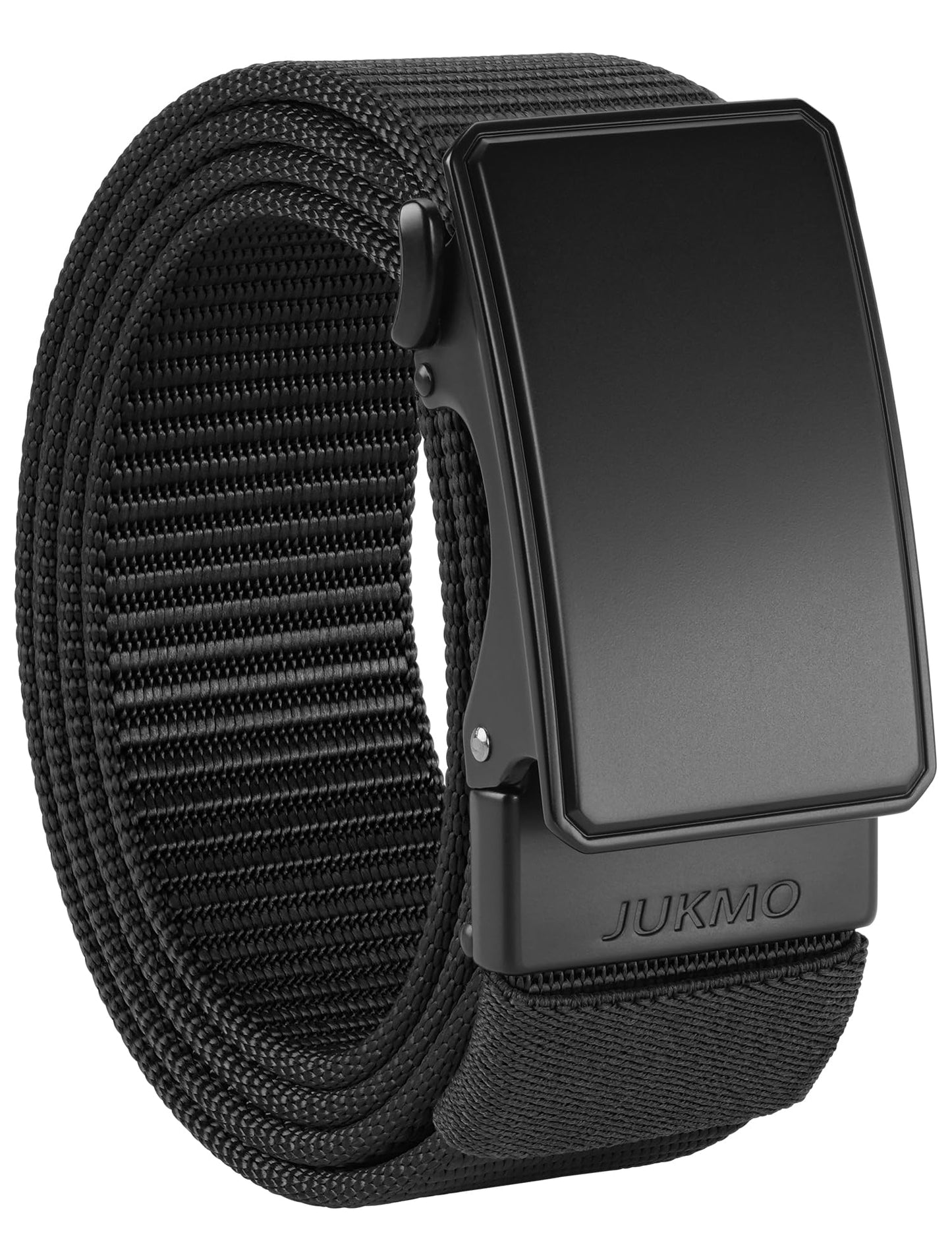 JUKMO Men's 1.5" Nylon Ratchet Belt, Casual Web Click Tactical Belt with Slide Buckle for Jeans, No Holes Adjustable Trim to Fit(Black,Small)