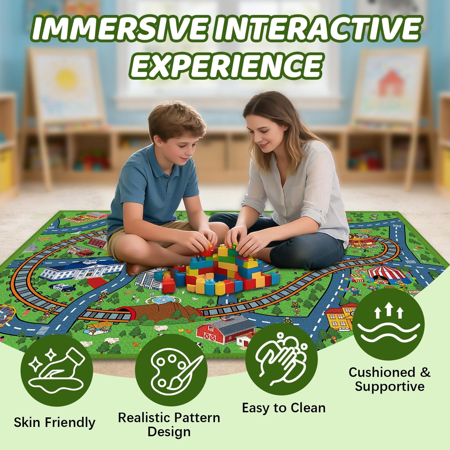 Rug Play Mat for Son, Non-Slip Train Track Map Carpet for Daughter Playroom Bedroom, Son Play Mat Track Road Rugs, 59x39.4 inch