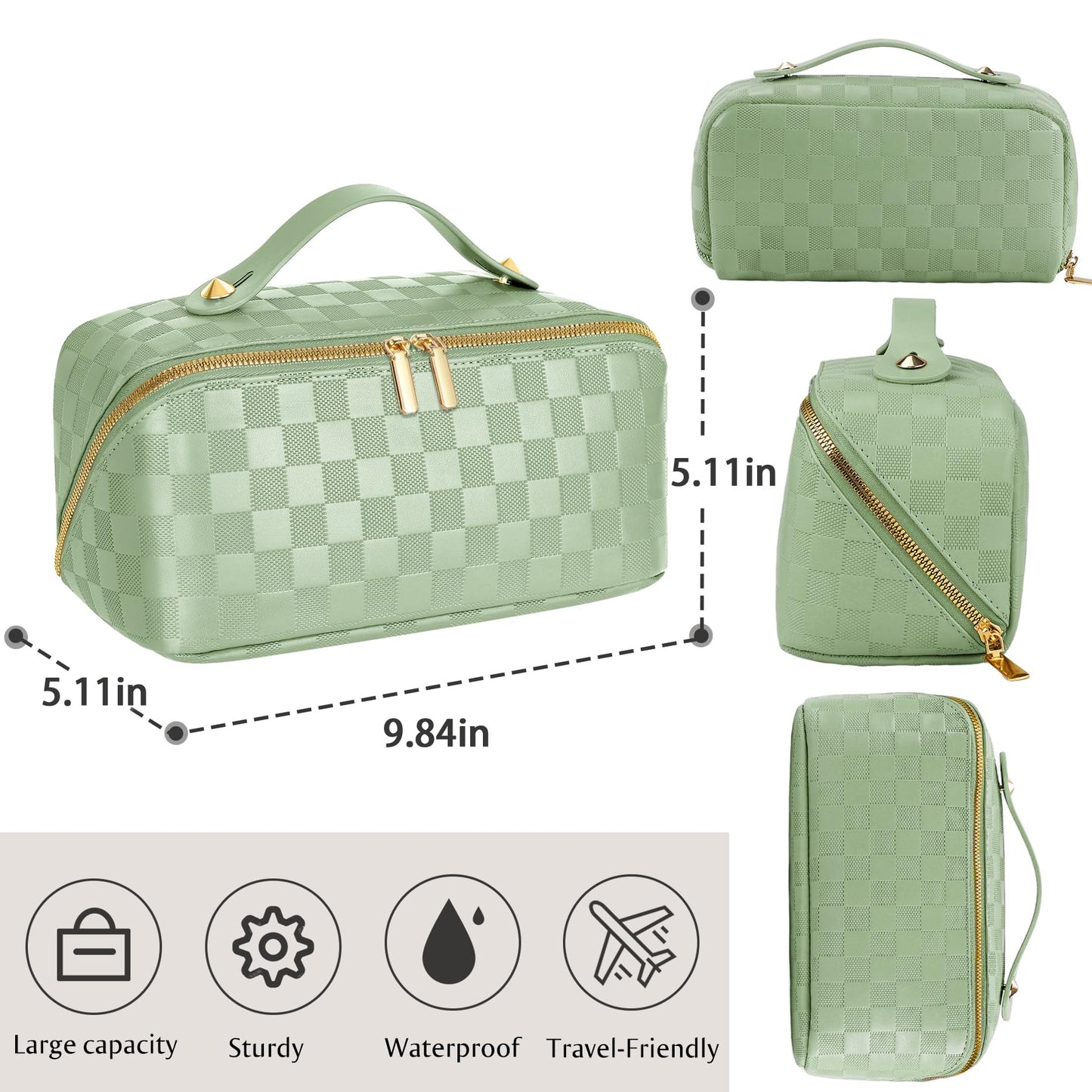 ALEXTINA Travel Makeup Bag, Vegan Leather Large Capacity Cosmetic Bags for Women,Waterproof Portable Pouch Open Flat Toiletry Bag Makeup Bag Organizer with Fixed Divider, Green