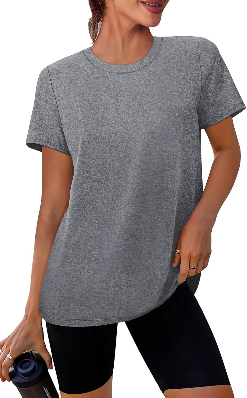 NIASHOT Summer Tops for Women 2025 Short Sleeve Workout Clothes Athletic Shirts Pilates Outfits Camisetas Deportivas para Grey L