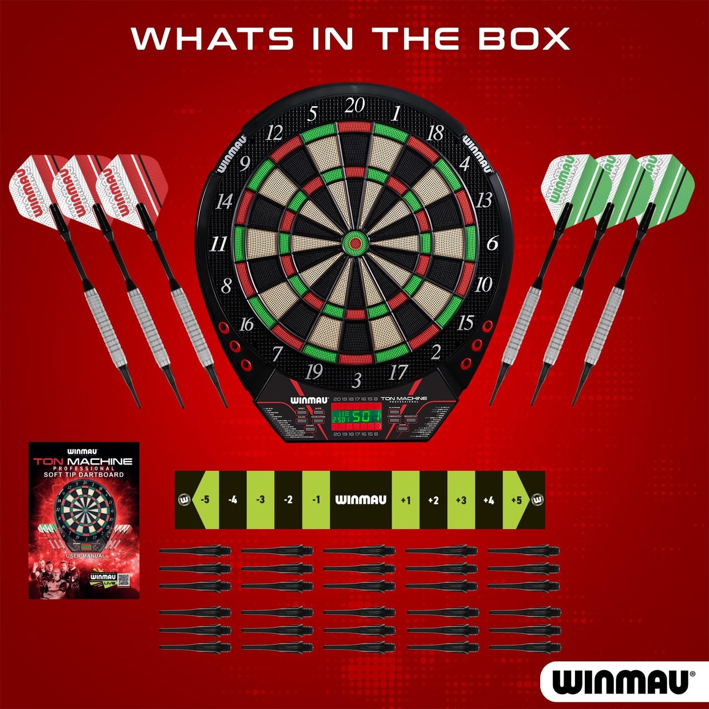 WINMAU Ton Machine Electronic Dartboard Set – Soft Tip Dart Board with 90+ Games, Digital Scoreboard & AI Play – 8 Player Multiplayer – Includes Darts, Tips & Throw Line