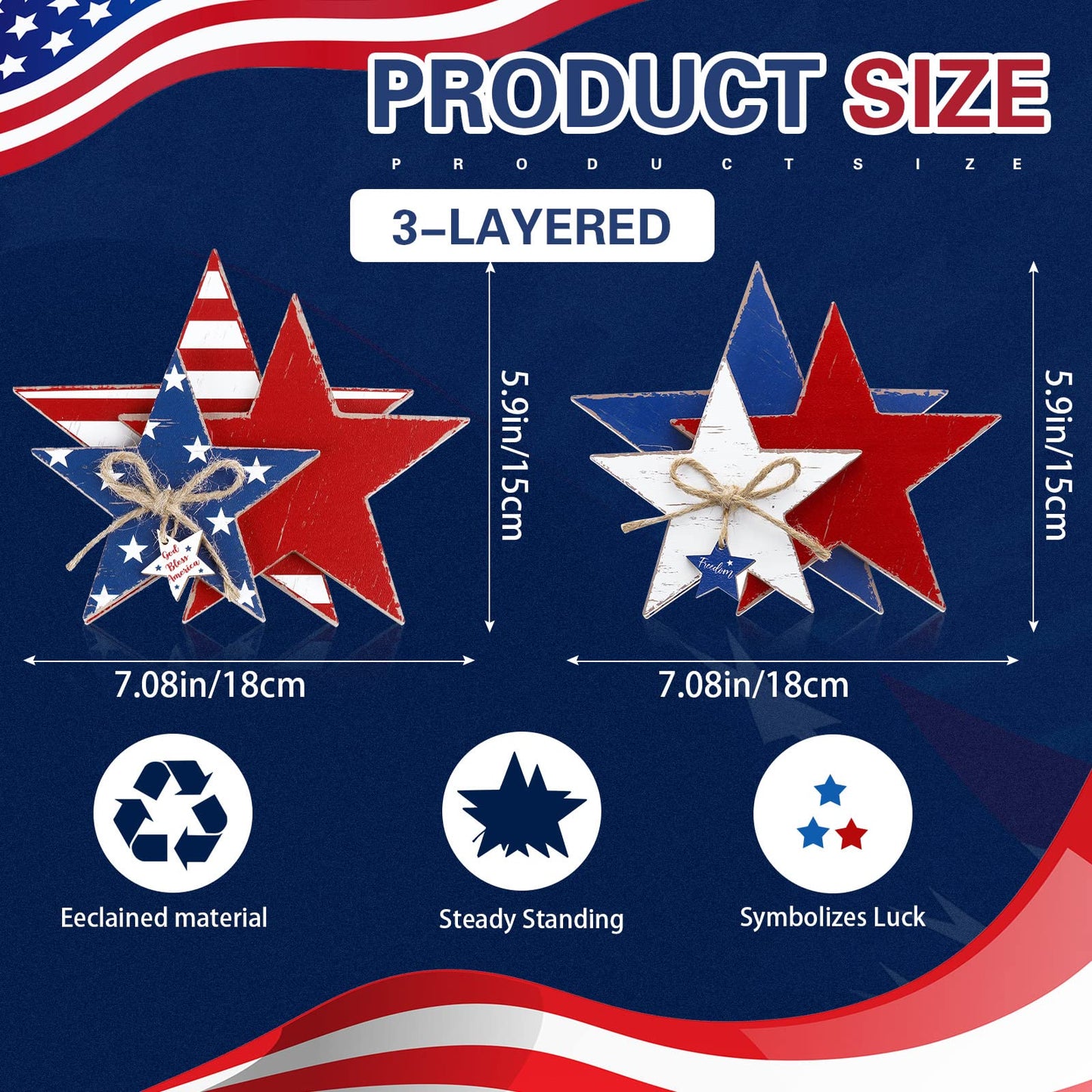 Pinkunn 2 Pcs 4th of July Wooden Star Decoration 250th Anniversary Large Faith Sign Patriotic Wooden Home Table Decor for Living Room Dining Table Centerpieces Memorial Day Decorations