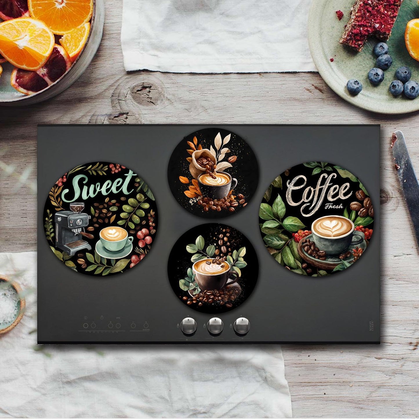 Tucocoo Coffee Stove Burner Covers Sweet Home Metal Stove Burner Cover,Set of 4,Coffee Beans Dining Room Gas Stove Burner Covers Cartoon Pattern Round Burner Cover Cooktop Decorations